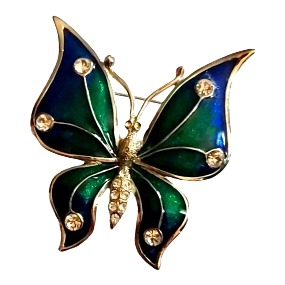 Large Iridescent Blue Green Butterfly Brooch Rhinestone Crystals  Vintage
